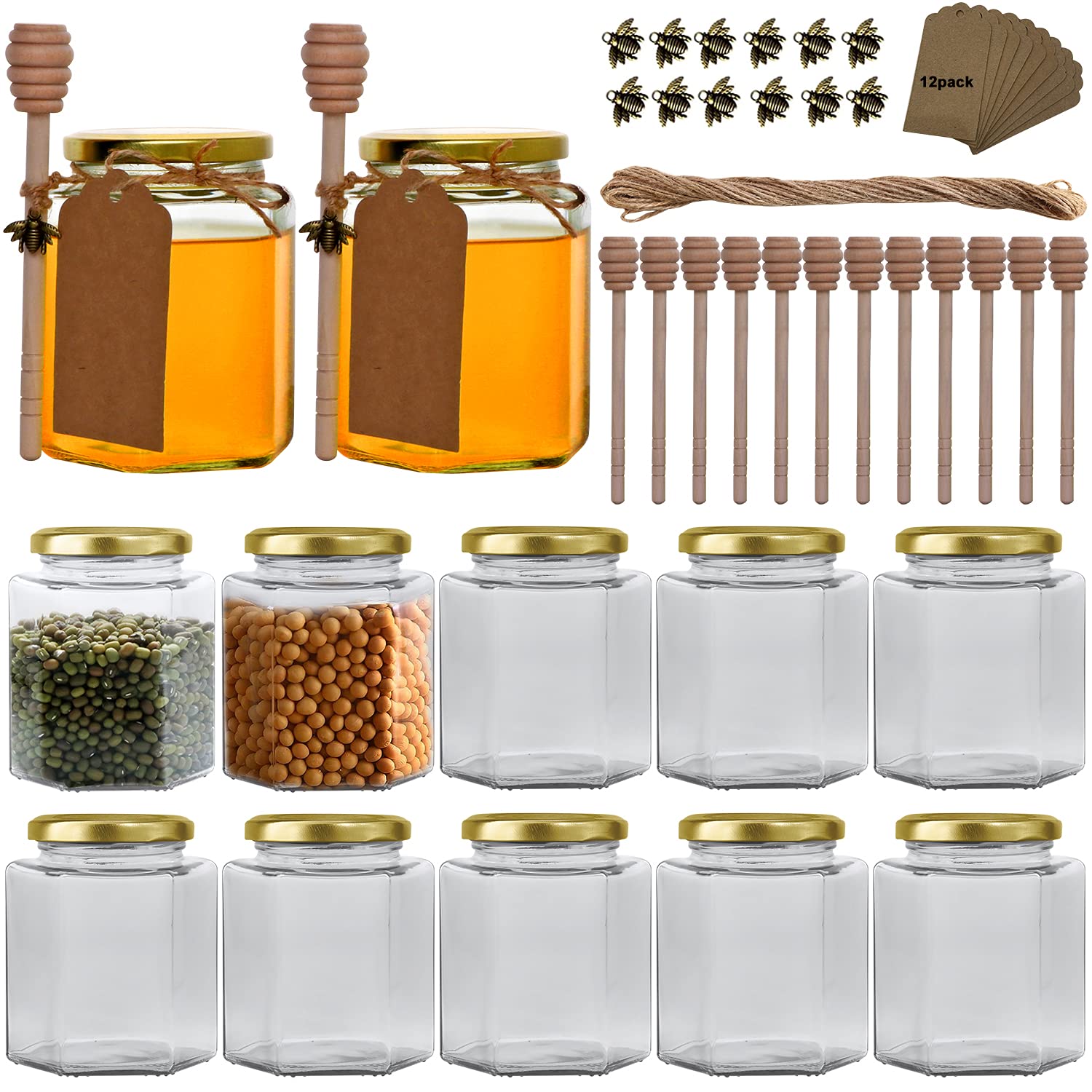 Photo 1 of 16 oz Honey Jars with Dipper, 12 Pack Hexagon Glass Jars with Golden Lids, Wooden Honey Sticks for Baby Shower Favors/Wedding Favors for Guests Bulk