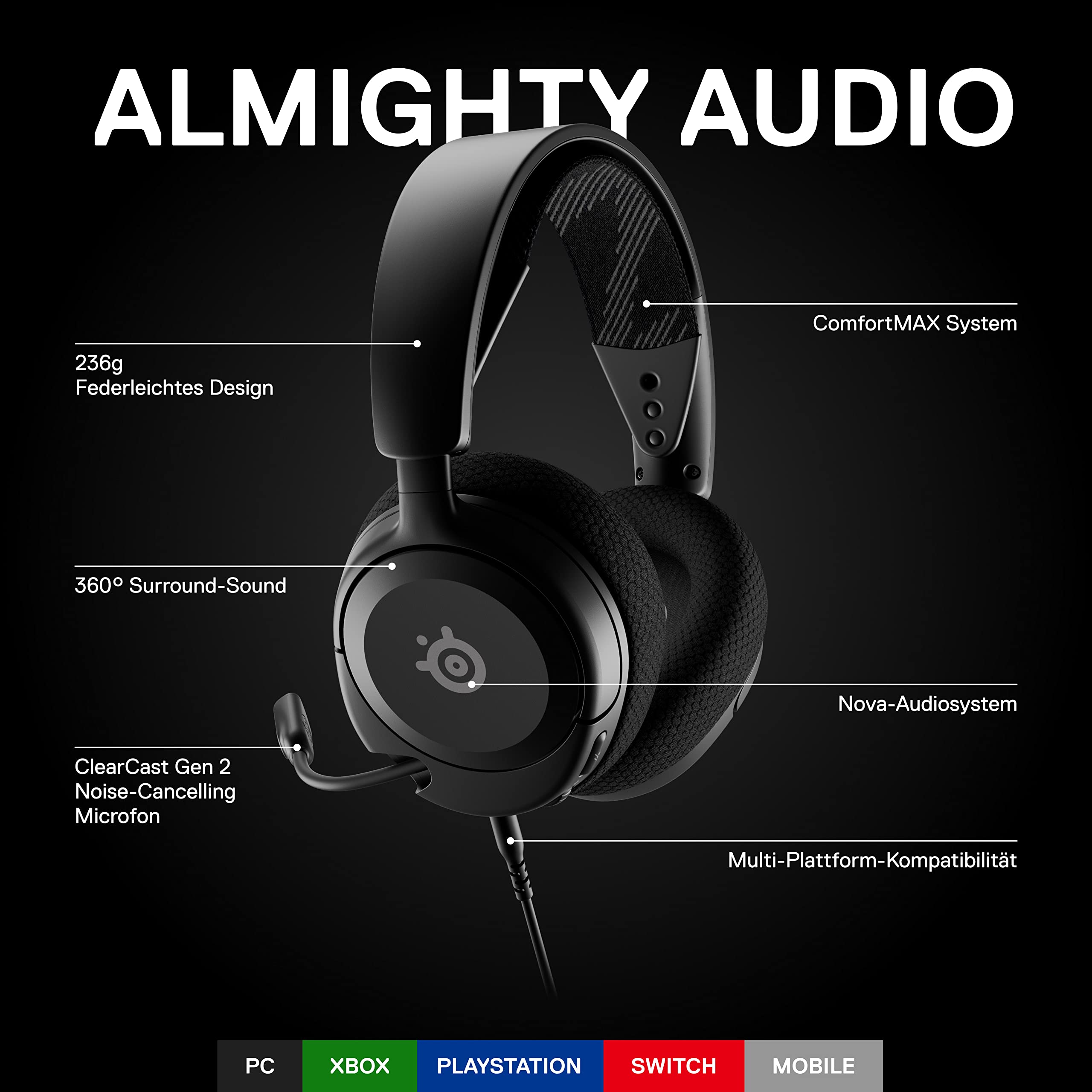 SteelSeries Arctis Nova 1 - Multi-System Gaming-Headset – Hi-Fi-Treiber – 360° Surround-Sound – AirWeave Memory Foam-Ohrpolster – Mikrofon mit Geräuschunterdrückung – PC, PS5, Xbox -Schwarz 3