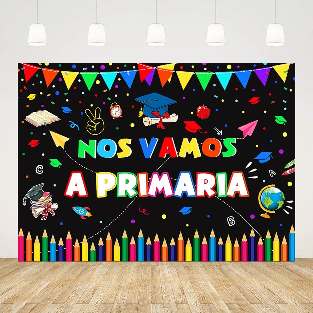 Photo 1 of AIBIIN 7x5ft Kindergarten Graduate Backdrop Nos Vamos A Primaria Photography Background Black Congrats Kindergarten Graduation Class of 2025 Party Decorations Photo Studio Props