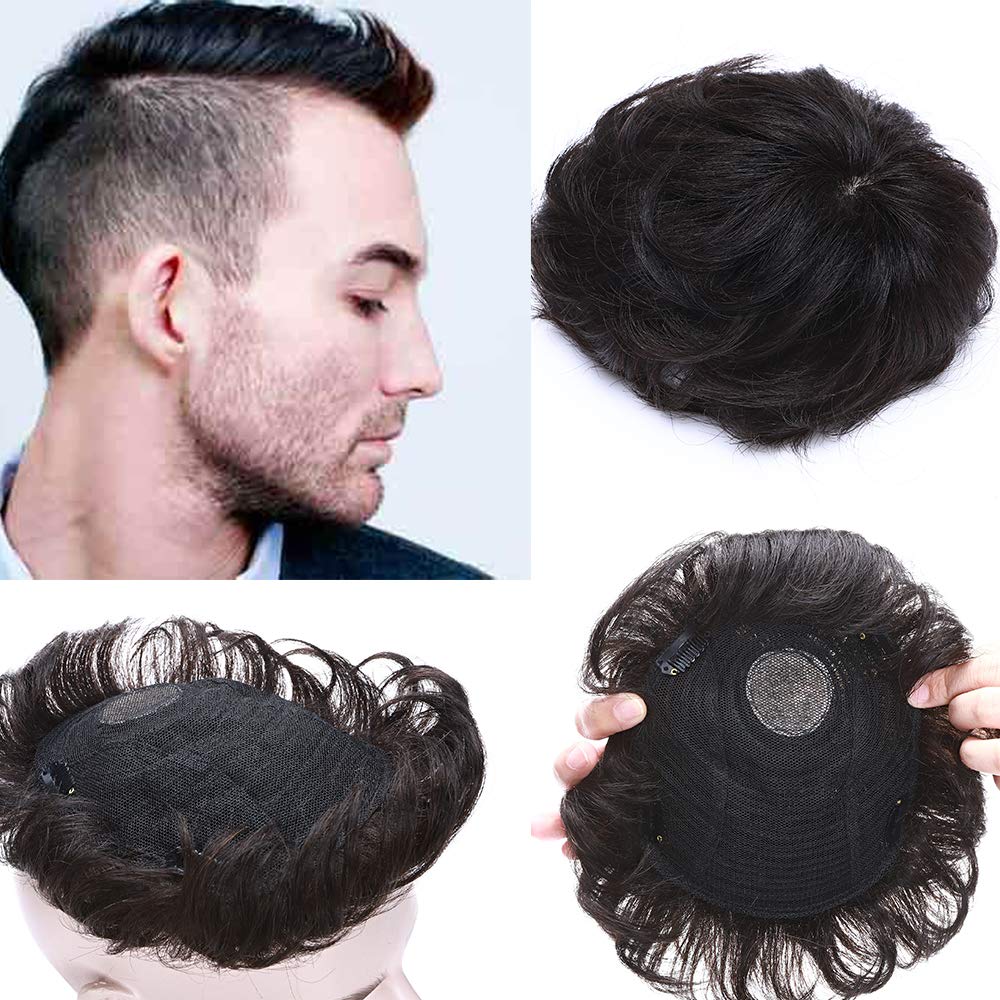 Mens Toupee Clip in Hair Toppers For Thinning Hair Women Men Real Hair Top Hair Topper Hairpiece 4inch Natural Human Hair #1b Natural Black