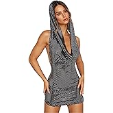 Women Rave Holographic Dress Metallic Silver Mini Hoodies Backless Sleeveless Party Festival Dress