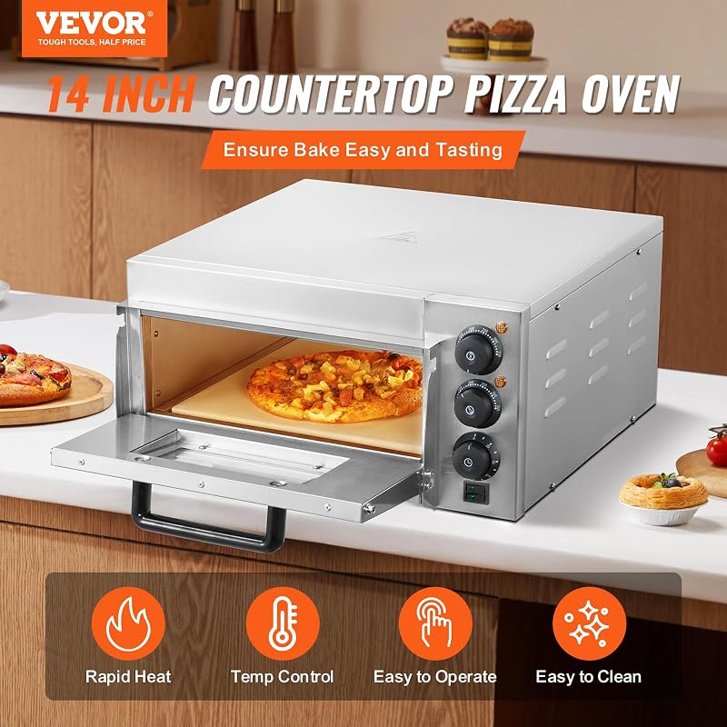 Horno de Pizza Comercial Eléctrico de Encimera de Una Sola Capa, Acero Inoxidable con Piedra y Mango, Multiusos para Interiores para Restaurantes, Pretzels Horneados en Casa, 517 x 470 x 266 mm