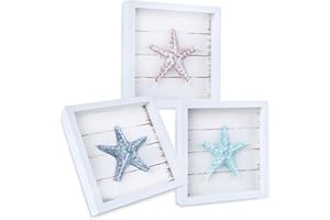 TIDE AND TALES TideAndTales Bathroom Wall Art (Framed Set of 3) Coastal 3D Seashell Decor, Starfish Beach Wall Decor for Bathroom or Tropical Bedroom, Ocean Inspired Beach Decorations for Home or Beach House