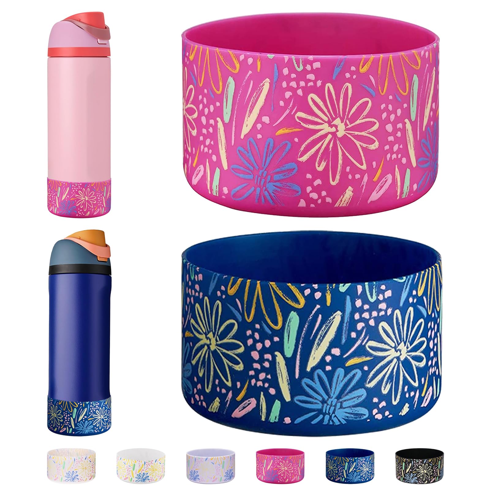 WK IEASON 2Pcs Silicone Water Bottle Boot for Owala 24oz, Protective Flask Bottom Cover Base for Owala FreeSip Twist and Flip Flask Bottles (Floral Print Carnation/Blue, 24OZ)