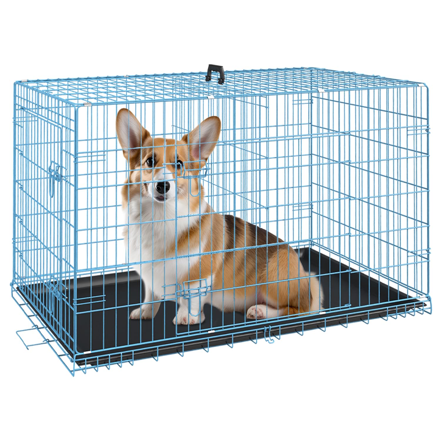 FDW Dog Crate for Medium Dogs 30 Inch Folding Metal WirePet Cage Double Door W/Divider Panel Indoor Outdoor Kennel Leak-Proof Plastic Tray,Blue Image