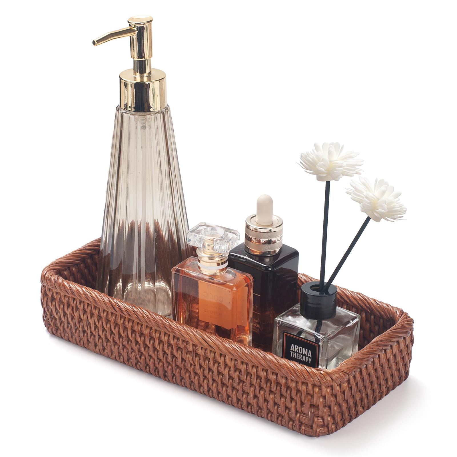 Rattan Bathroom Vanity Trays Toilet Tank Baskets Long Narrow Hand Towel Storage Basket for Storage, Decorative (Honey Brown 10.2 x 4.9 x 1.6 inch)