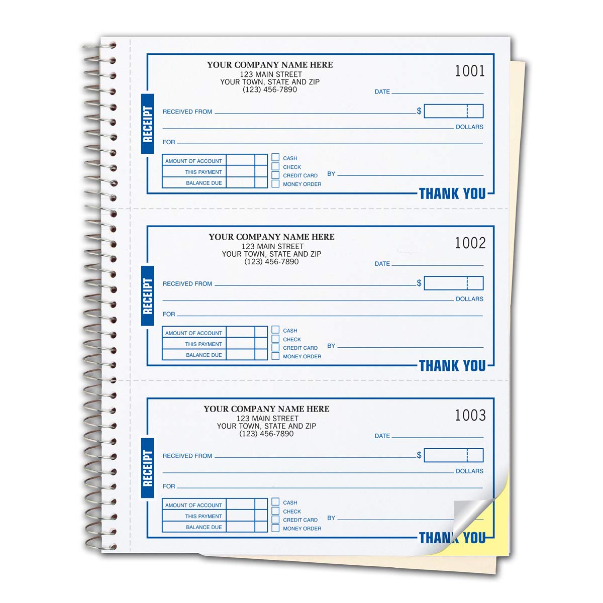 CheckSimple Payment Receipt Forms - Customized 3-Per-Page Wire-Bound Book, 2-Part, White (500 Receipts)