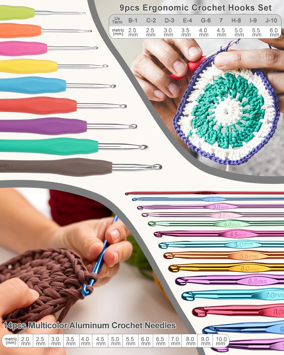 Aeelike Crochet Kit for Beginners Young and Old, First Crochet Kit for Adults Include 23pcs Crochet Hooks, 655 Yards Yarn Set for Crocheting, Instruction, Bag, Crochet Accessories and Supplies, Grey
