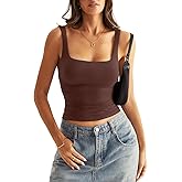Eachyes Womens Square Neck Double Lined Tank Tops Low Back Fitted Sleeveless Tops