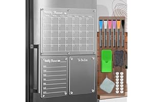 LCPCX Acrylic Magnetic Dry Erase Board for Fridge，Set of 3 Transparent Planning Boards for Monthly Calendar, Weekly Includes 6 Dry Erase Markers, 1 Eraser and Magnetic Pen Holder
