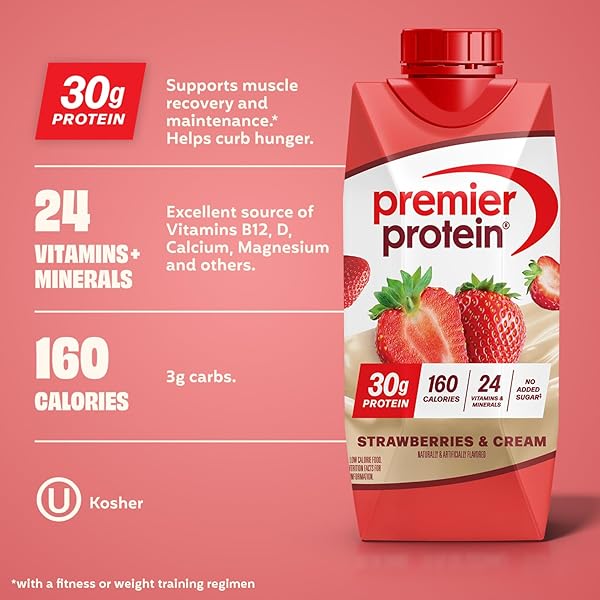 PREMIER PROTEIN SHAKE, STRAWBERRIES & CREAM, 30G PROTEIN, NO ADDED SUGAR, 24 VITAMINS & MINERALS TO SUPPORT IMMUNE HEALTH, 11 FL OZ, 12 PACK