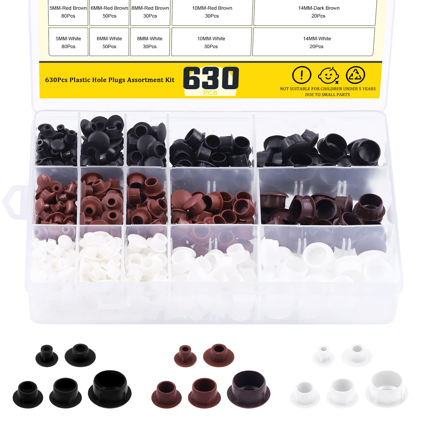 Mardatt Screw Hole Plug, 630 Pcs 5/6/8/10/14mm Plastic Panel Plugs Fastener Cover, Flush Type Button Top, White/Black/Brown