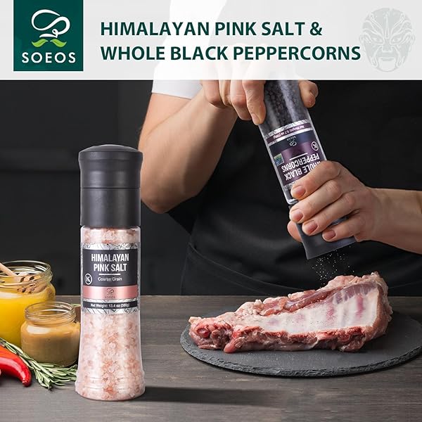 SOEOS WHOLE BLACK PEPPERCORNS, 6.7OZ (190G) AND HIMALAYAN PINK SALT, 13.4OZ (380G), PLASTIC BOTTLE GRINDER WITH SPICE GRINDER WITH SALT AND PEPPER SHAKER, SALT AND PEPPER SET.