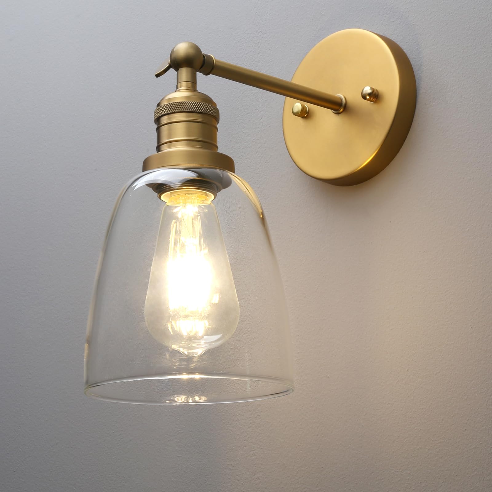 Phansthy Industrial Retro Style Wall Lights Bell Shaped Clear Glass Shade Vintage Wall Sconces E27 Bulbs Indoor Light Loft Bar Kitchen Lamp Bedroom Vanity Mirror Lighting (Antique Brass)