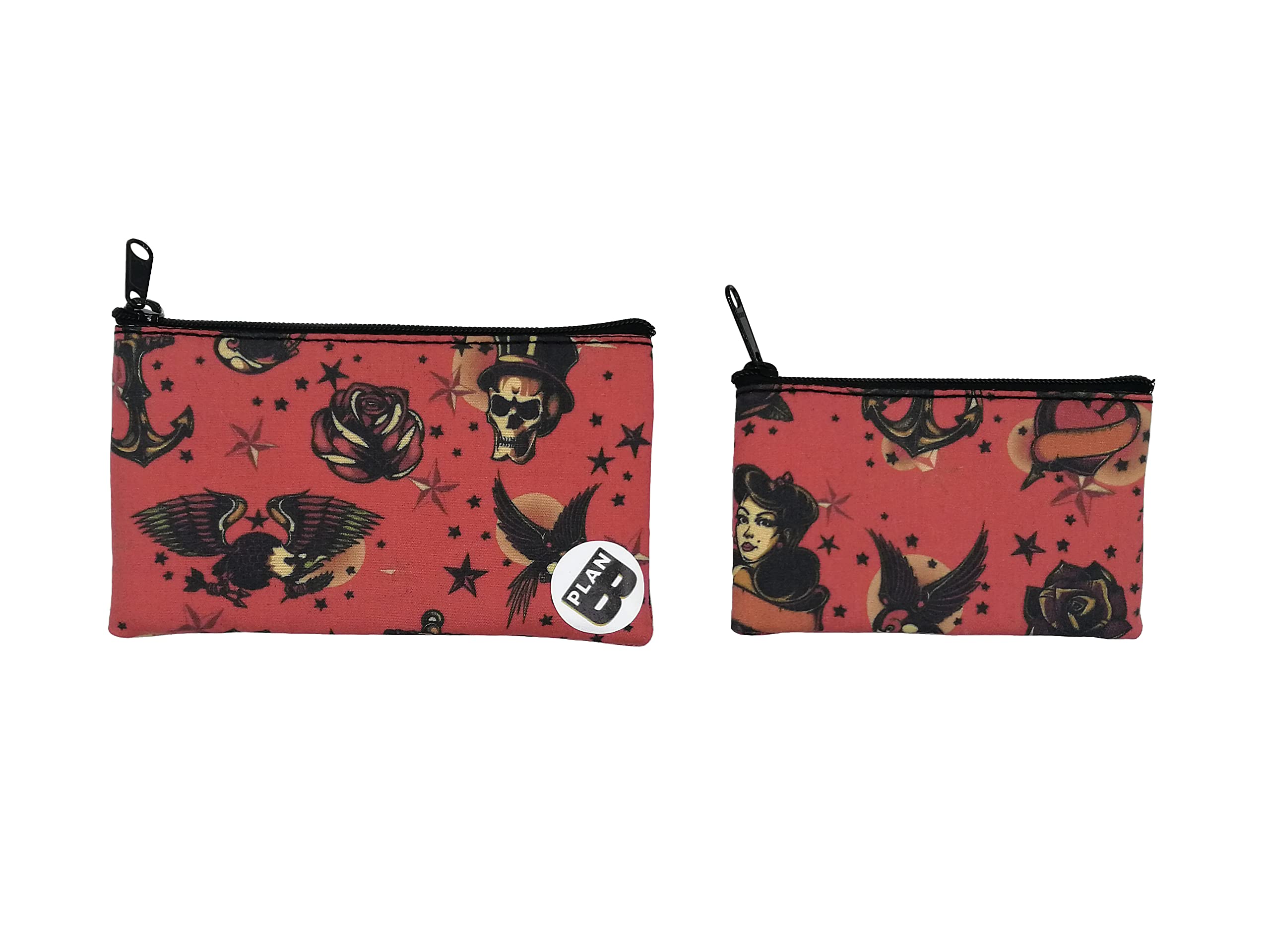 Plan B, Coin Purse X2 Tattoo 02, Set of 2 Coin Pouches, Sizes14 x 8 cm and 11 x 6 cm, Classic Tattoos on Red Background