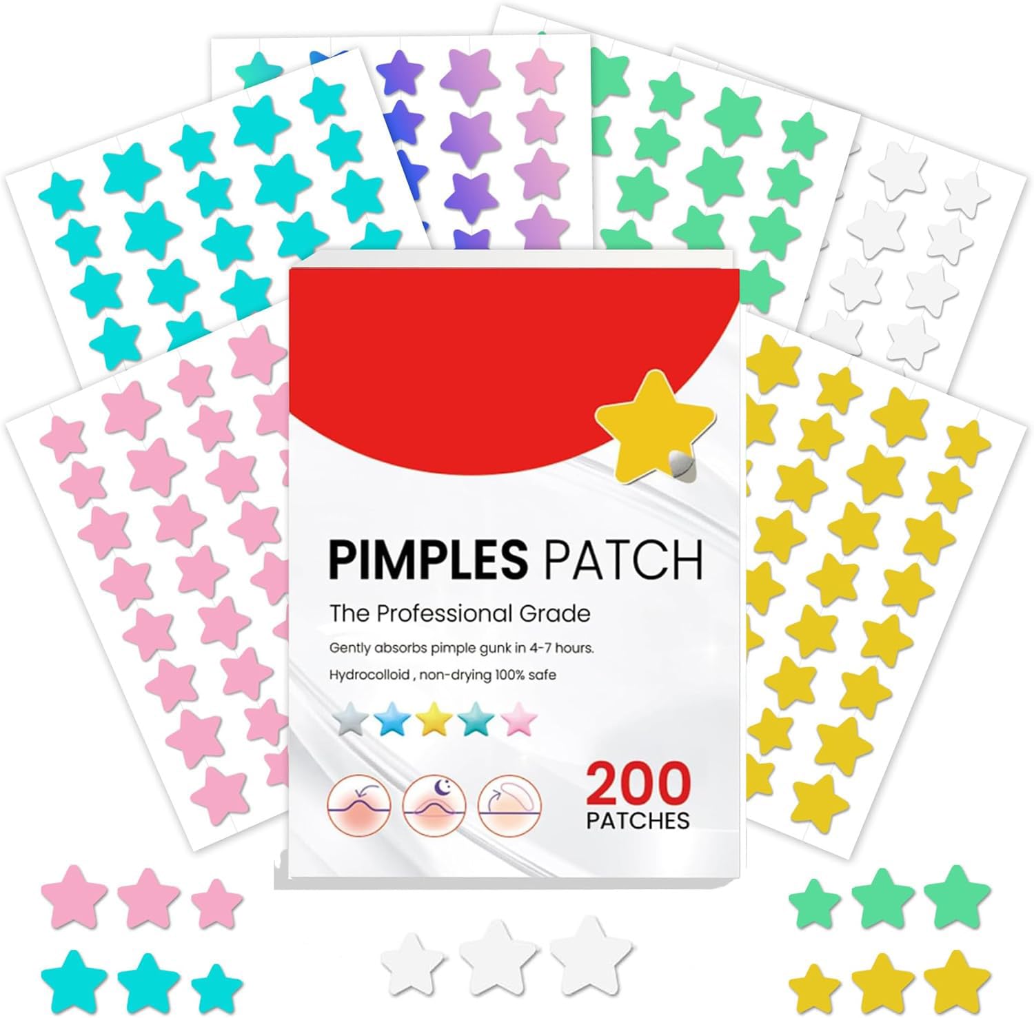 200 PCS Pimple Patches Stars, Hydrocolloid Acne Patches, Spot Patches, Hydrocolloid Patches for Pimples, Blemishes, Spot Stickers for Face Acne Dots