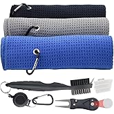 Golf Towel Set - 3 Microfiber Waffle Pattern Golf Towels & Club Brush & Divot Repair Tool, Accessories for Men & Women