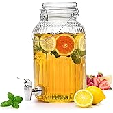 Kingrol 1 Gallon Glass Drink Dispenser with Lid and Spigot - Wide Mouth, Leak Proof Juice Pitcher- Vintage Beverage Dispenser for Party, Wedding, Picnic