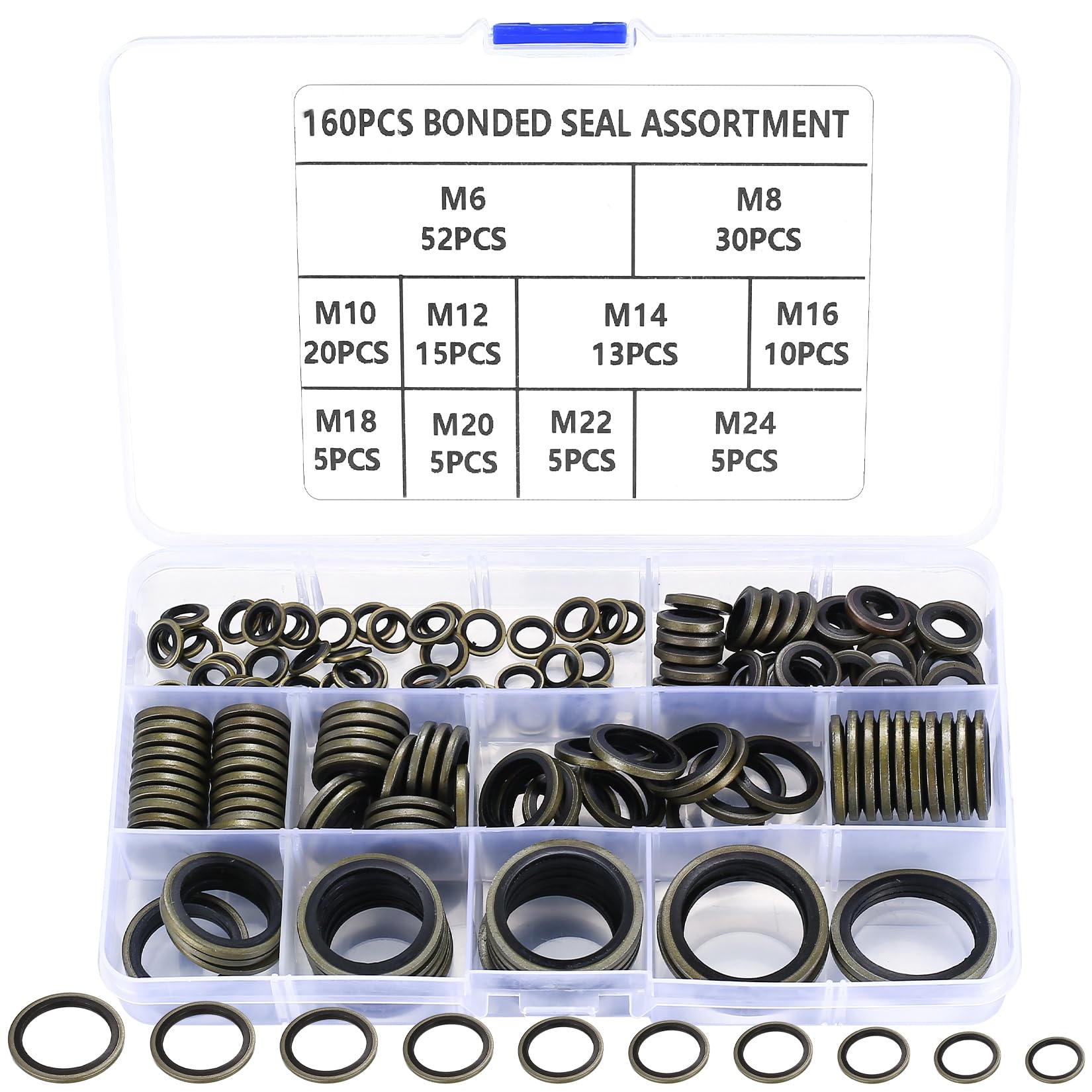 qxayxa 160 Pcs Drain Plug Gaskets, M6-M24 Bonded Sealing Washer Assortment Kit, Metal Rubber Sealing Oil Rings, Bonded Seal Oil Washers Sealing Rings, Hydraulic Rubber Metal Engine Oil Crush Washers