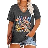 Plus Size Tops for Women Vintage Wildflower V Neck T Shirt Boho Cute Floral Graphic Tees Short Sleeve Summer Tops