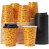 Tamone 100 PACK 12OZ Disposable Coffee Cups with Lids, To Go Coffee Cups with Lids Leak Proof, Coffee Bean Design Brown Paper Cups for Cold/Hot Beverage Chocolate Cocoa for Home Office