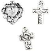 JGFinds Cross Charm Pendants - 130 Pack (30 of Heart, 50 each of Crosses) Old Style Filigree Look, Silver Tone, ⅞ Inch, DIY Jewelry Making Supplies