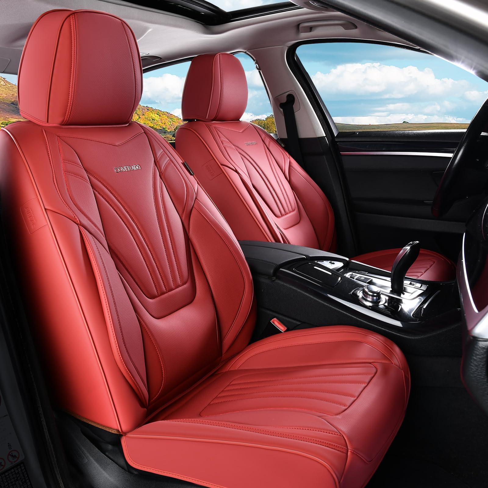 Coverado Car Seat Covers Front Seats, 2 Piece Car Seat Protector with Lumbar Support & Removable Headrest, Breathable Leather Seat Cushion Universal Fit for Truck Automotive Vehicles Red Image