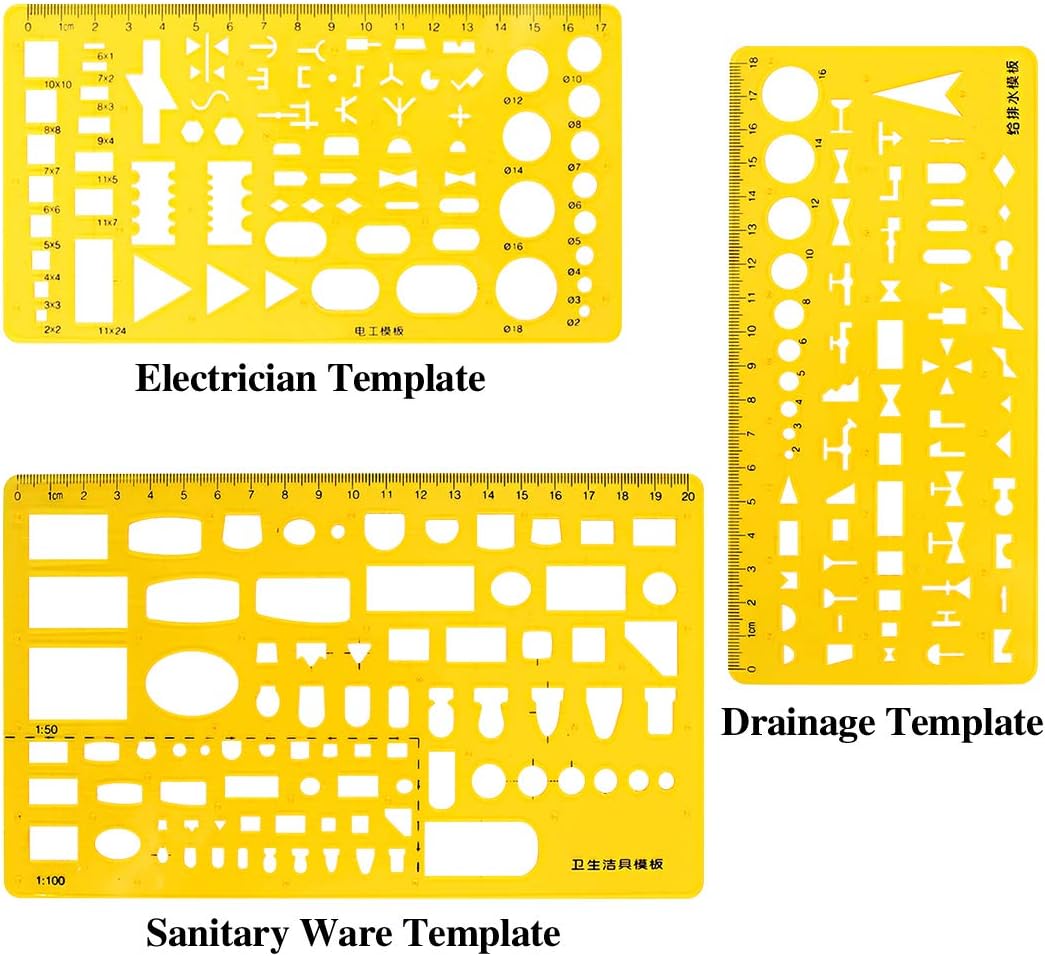 Swpeet 18Pcs Plastic Yellow Geometric Drawings Templates Kit, 10 Different Geometric Measuring Drawings Templates Stencils with 2Pcs Pencil and 5Pcs Measuring Ruler for Drawing Engineering Drafting : Office Products