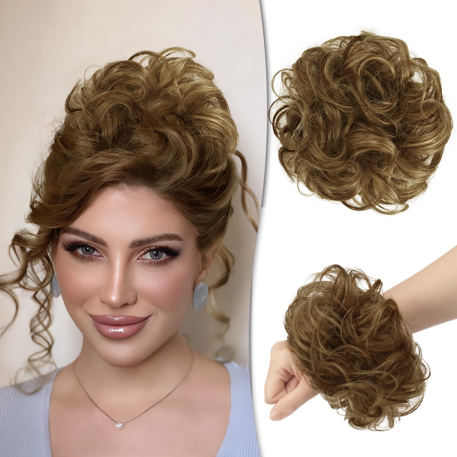 Photo 1 of Rose Messy Bun Hair Piece - Real Human Hair Updo Scrunchies - Chocolate Light Brown with Light Golden Blonde Highlight