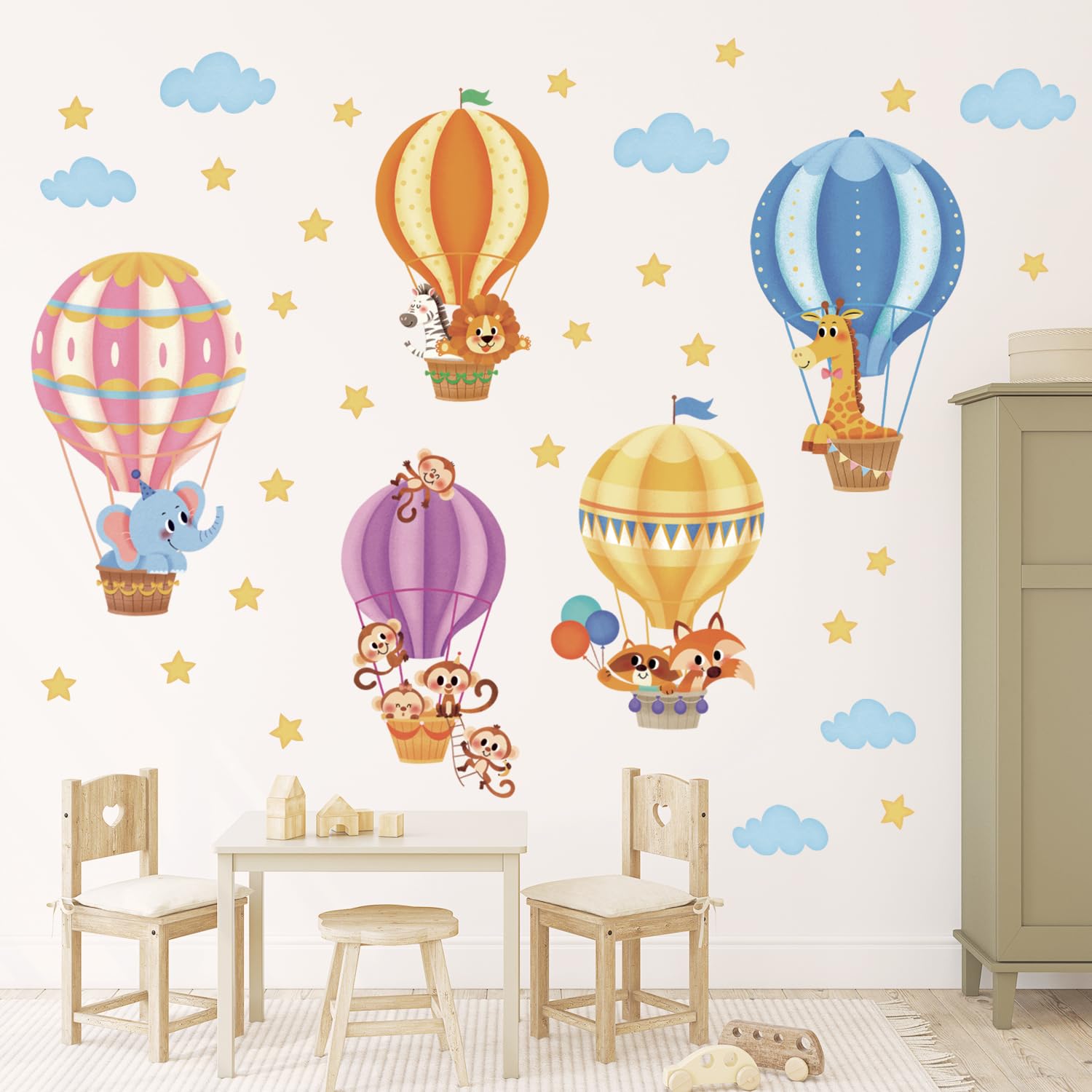 DECOWALL SG-2214 Animals in Hot Air Balloons Kids Wall Stickers Elephant Giraffe Monkey Decals Removable for Baby Nursery Bedroom Living Room Playroom Home Décor