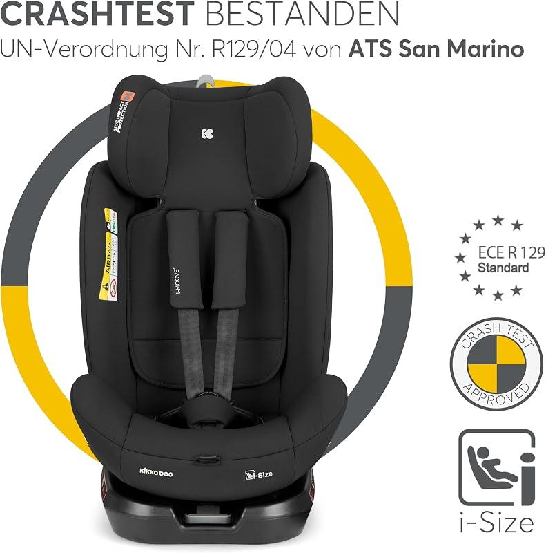 KikkaBoo Kindersitz 9-36 kg mit ISOFIX & 360° Drehung i-MOOVE 2, i-SIZE, 40-150 cm Reboarder, Rückwärts/Vorwärtsgerichtet, Verstellbare Kopfstütze, Liegefunktion, Schwarz