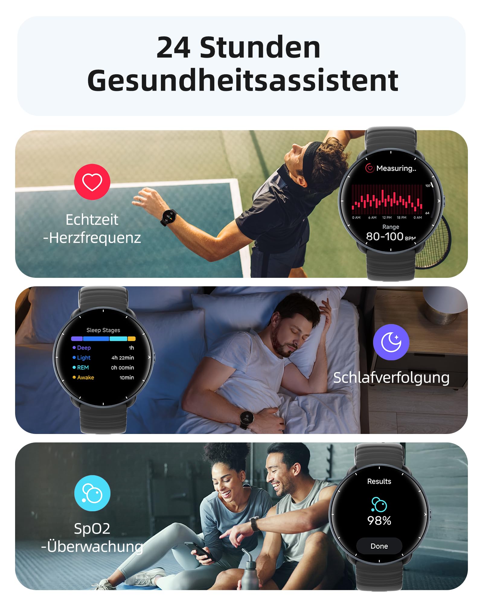 Parsonver Smartwatch Herren Damen, Integriertes GPS, 5 ATM wasserdichte Schwimmuhr für Pool/Offenen Gewässern, Fitness Uhr mit AMOLED Display, 100+ Sportmodi, Herzfrequenz, Schlafen (Schwarz, 42 mm) 6