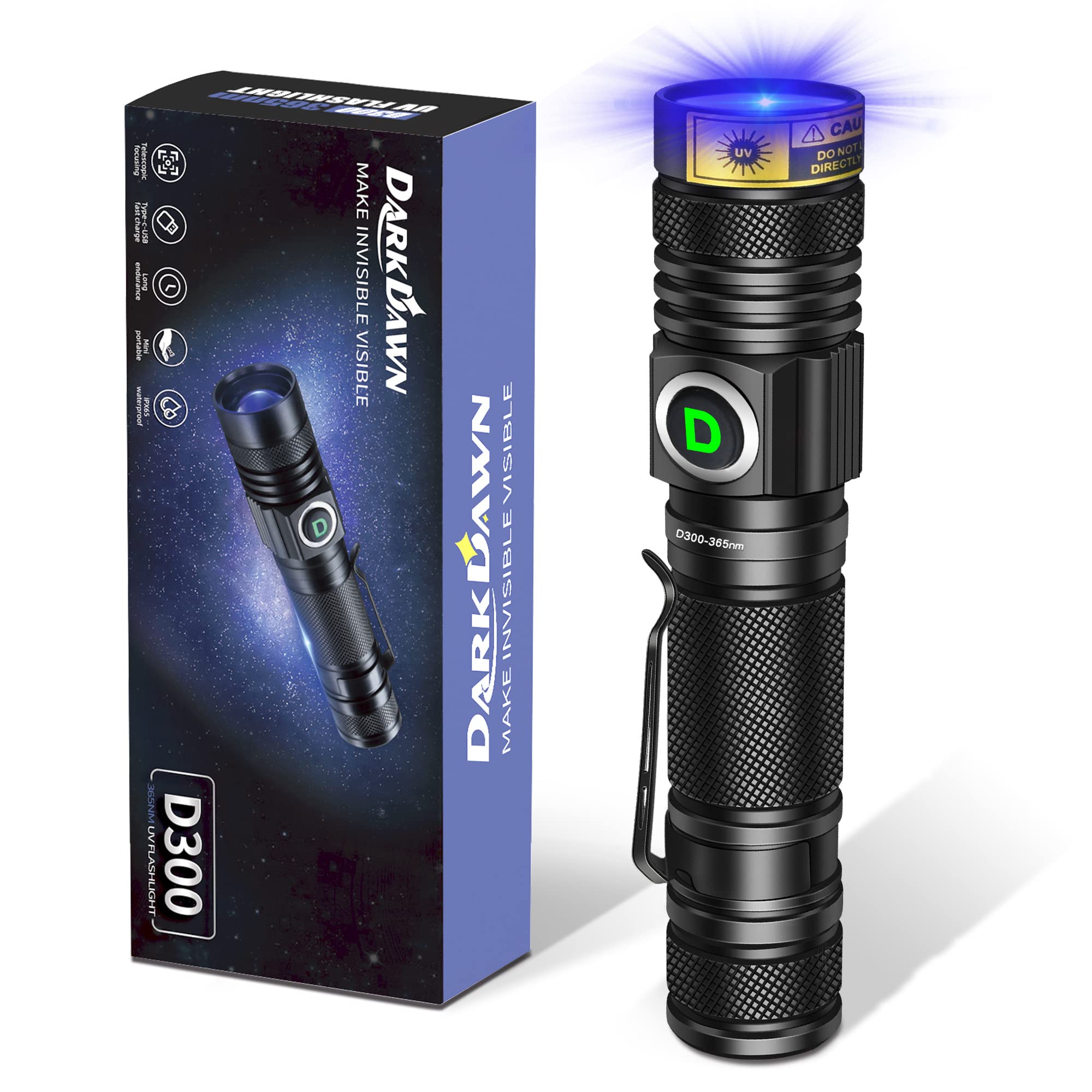 DARKDAWN UV Torch Flashlight 365nm Light USB Rechargeable, Ultraviolet LED Blacklight Powerful Woods Lamp Portable Mini Detector for Pet Urine, Stains, Uranium Glass, Money, Resin Curing, Fluorescent