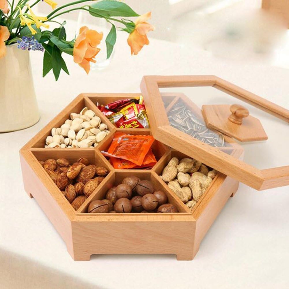 Amazon 六角菓子器 7つの仕切り おしゃれ 菓子器 木製 小物入れ お菓子おやつ収納 蓋付き