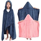 Hiturbo 2Pcs Kids Fleece Hooded Towel: Soft Plush Warm Blanket - 50"x30" Pool Beach Bath Swim Towel Wrap for 3-12 Yrs (Navy+Pink)