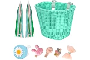 RAYMACE Kids Bike Basket Streamers Bell Set, Children's Bicycle Handlebar Basket with 4pcs Girl Hair Clips, Cute Accessories Kit for Kids' Bike, Scooter
