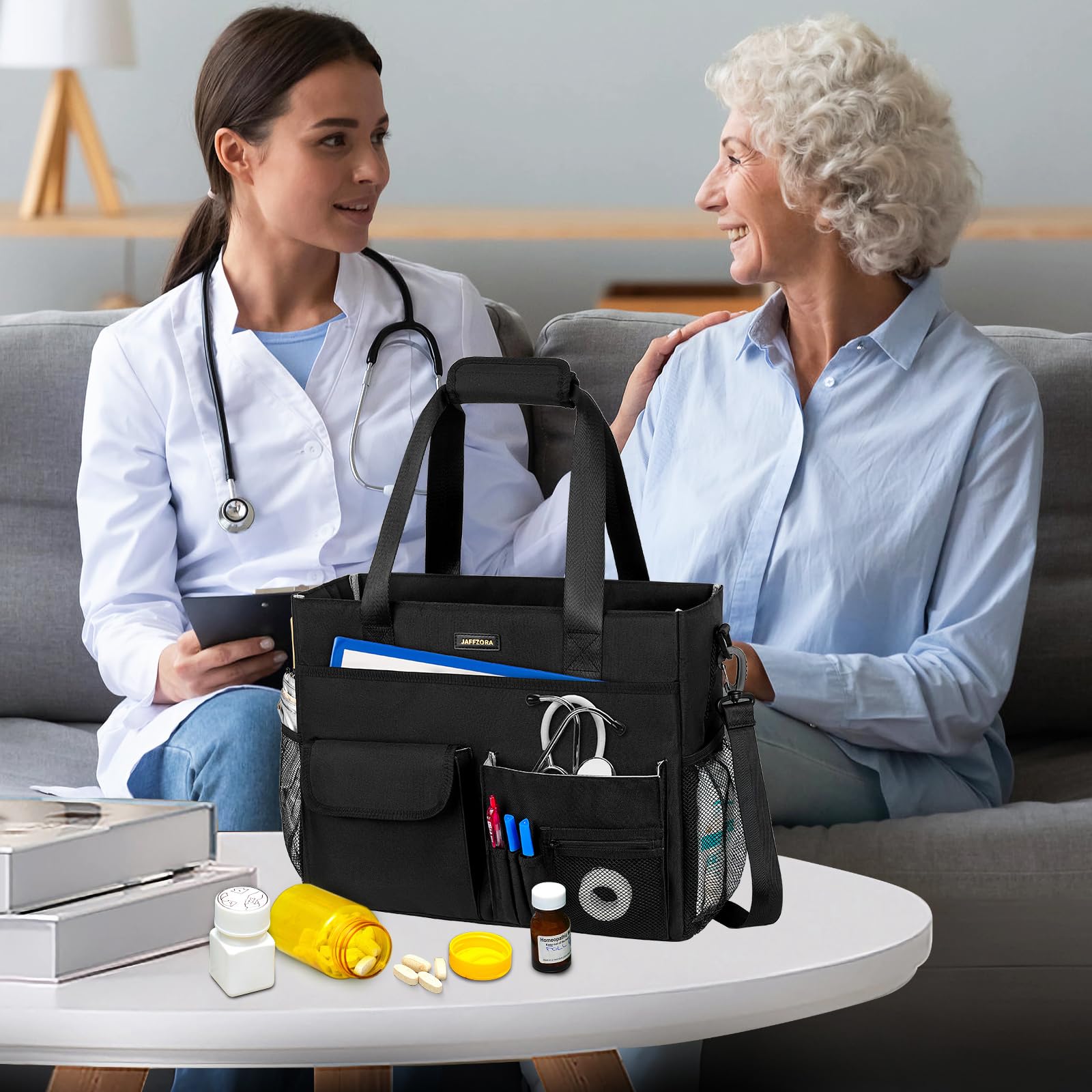 Nurse Tote Bag for Work with Padded Laptop Sleeve, Large Clinical Bag for Nursing Students, Nursing Essentials for Doctor & Home Health Care Staff, Diaper Changing Tote Bag,Black