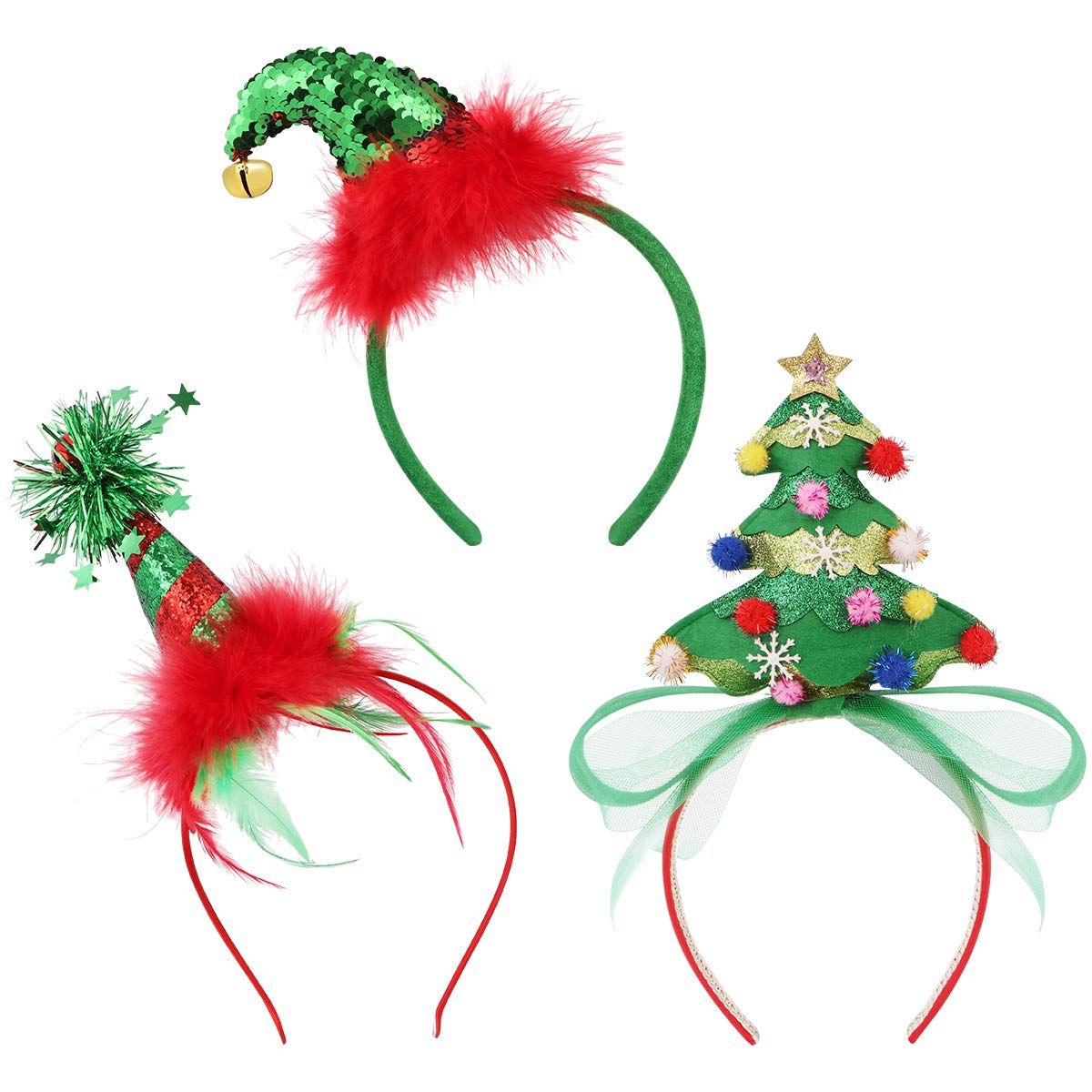 Lurrose Christmas Headwear Headbands Bulk Elf Party Hats Christmas Tree Headband for Kids Adults,3PCs