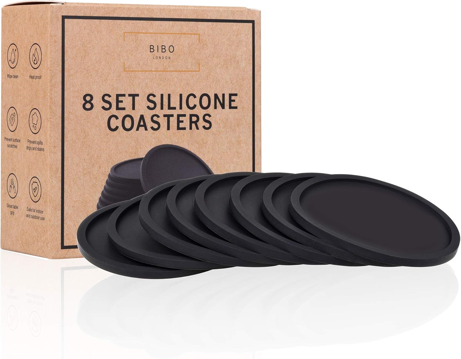 Set of 8 Black Drink Coasters by BIBO London™. Heatproof Drinks Mats, Protecting All Table Surfaces Including Wood, Glass