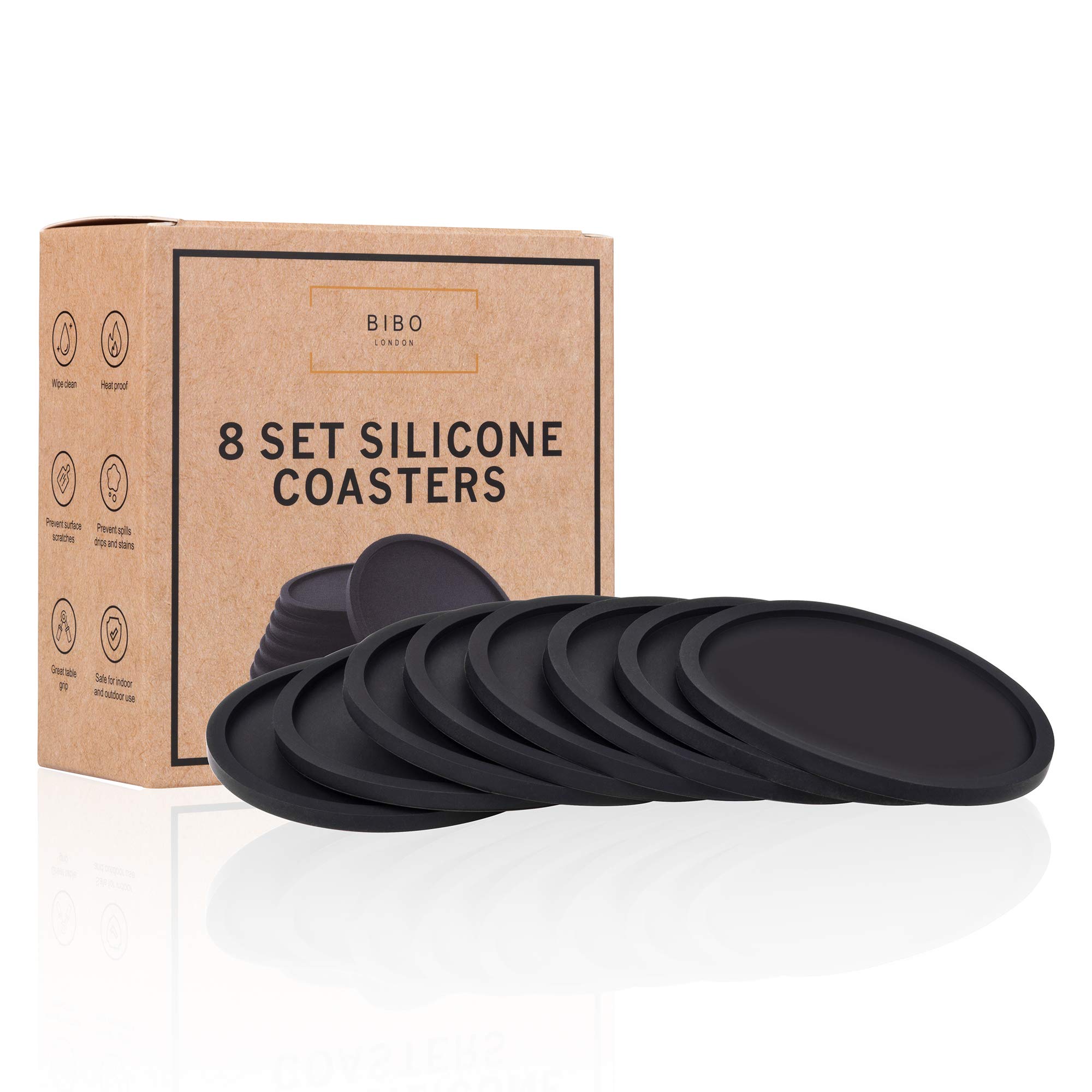 Set of 8 Black Drink Coasters by BIBO London™. Heatproof Drinks Mats - Protecting All Table Surfaces Including Wood, Glass, Marble, Stone