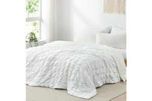 Cozy Bliss Cooling Comforter Queen Size Seersucker Plaid, Q-Max 0.4 Reversible Lightweight Cooling Blanket, Breathable Silk Smooth Summer Bedding Quilt for Hot Sleepers Night Sweats White