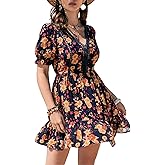 SGF11 Women's 2025 Floral Summer Short Dress V Neck Short Sleeve Tiered Ruffle Boho Swing Dresses