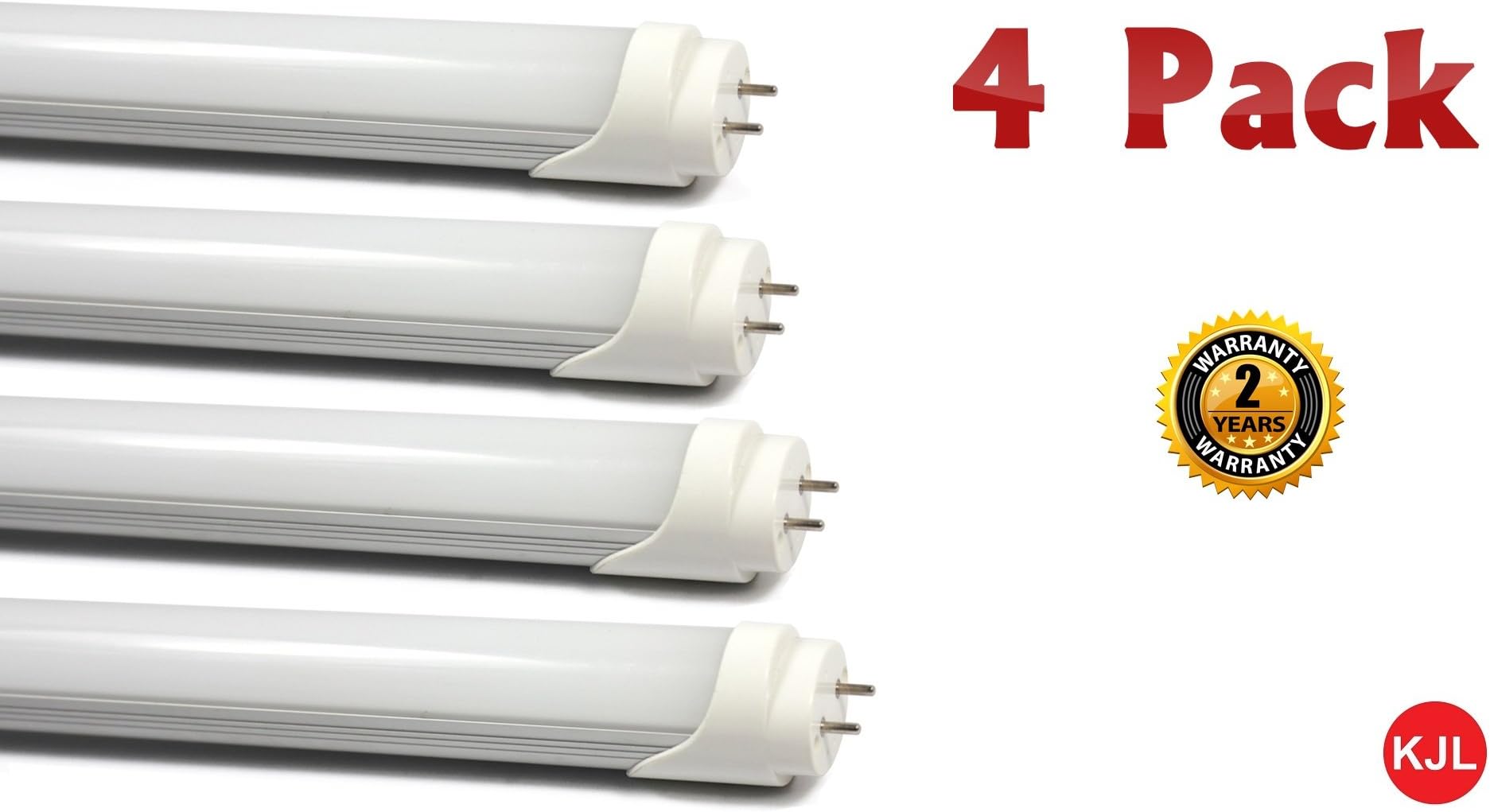 4 Pack KJL LED Tube Light, Brightest 10 Watt 2 Foot T8 T12, 60cm, Single Ended Power, 3000k Warm White