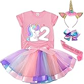 Tutu and Sian Unicorn Birthday Outfit for Girls - Shirt, Tutu Skirt Dress, Birthday Girl Crown, Hair Bow & Satin Sash (Unicorn 2Y, 3 Years)