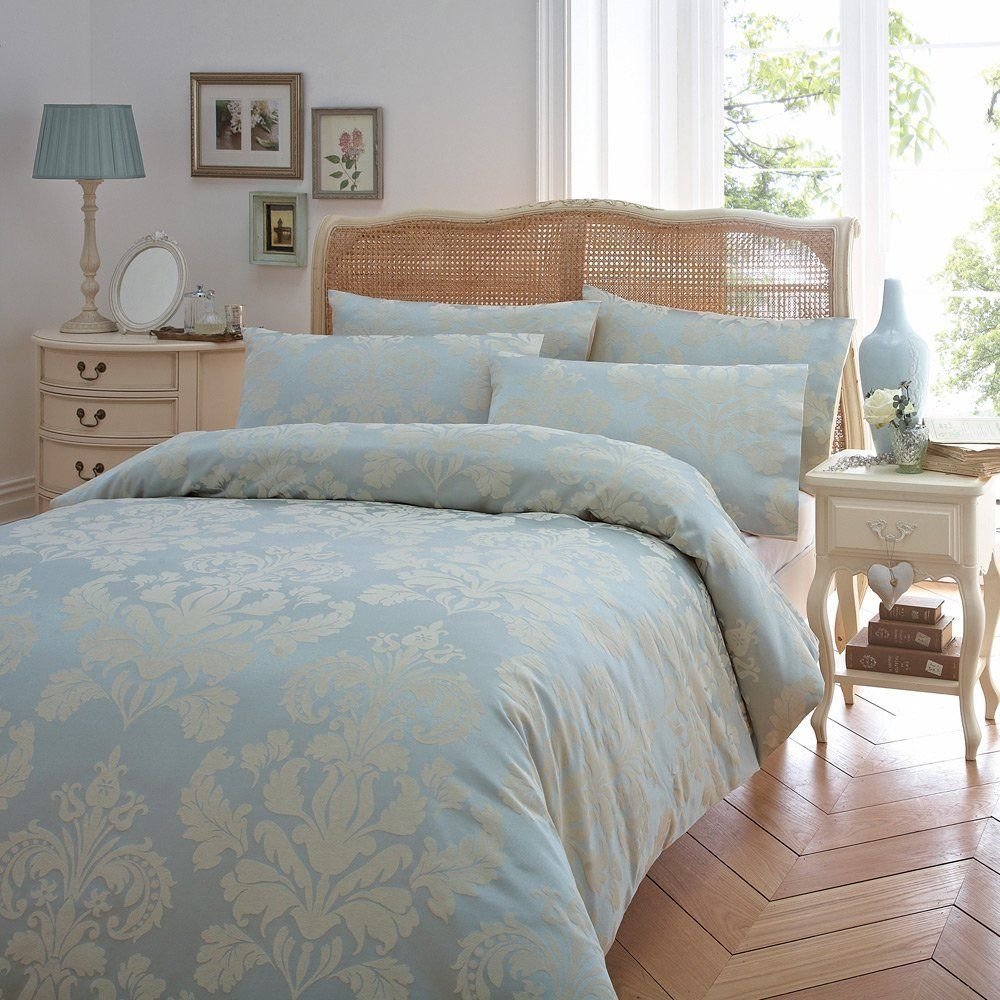 Becky Damask Motifs Jacquard Duck Egg Green Duvet Cover Quilt Bedding