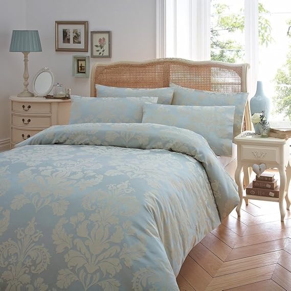 Becky Damask Motifs Jacquard Duck Egg Green Duvet Cover Quilt Bedding