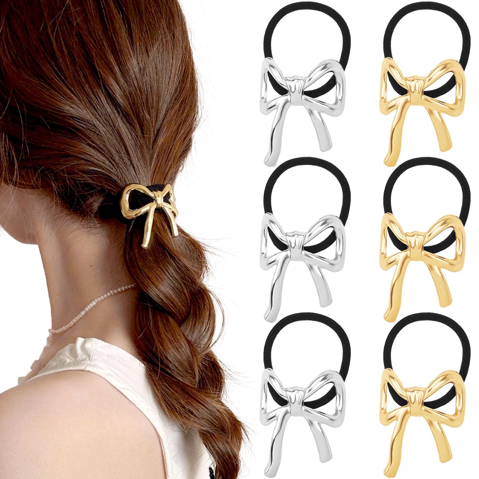 6Pcs Bow Ponytail Holder Hair Ties Metal Bowknot Hair Elastic Scrunchies Hair Rubber Bands Hair Ropes Headbands Decorative Hair Accessories for Women Girls