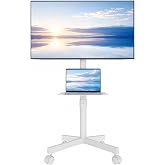 BONTEC Mobile TV Stand for 23-65 Inch TVs, Rolling TV Stand, White | Adjustable Height, Media Shelf, Outdoor TV Stand with Locking Wheels, Max VESA 400x400mm, Holds Up to 88lbs
