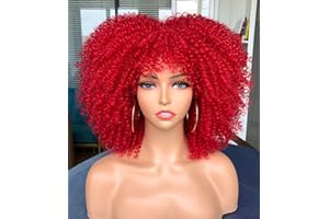 CURLCRAZY Curly Wig with Bangs for Black Women Short Kinky Curly Wig 14inch Afro Hair Halloween Party Christmas Cosplay Wigs(RED)