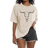 Wrenpies Western Cow Skull Shirts for Women Oversized Cowgirl Country Concert Vintage Graphic Tees Cowboy Rodeo T Shirt Tops